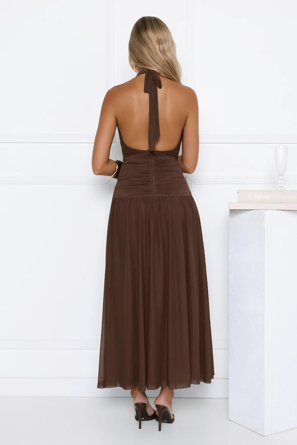 Whispered Promises Halter Mesh Maxi Dress Brown