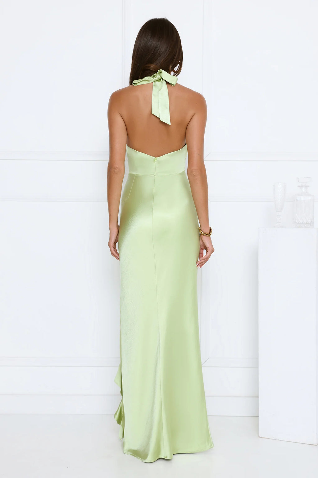 Satin Whirl Halter Maxi Dress Green