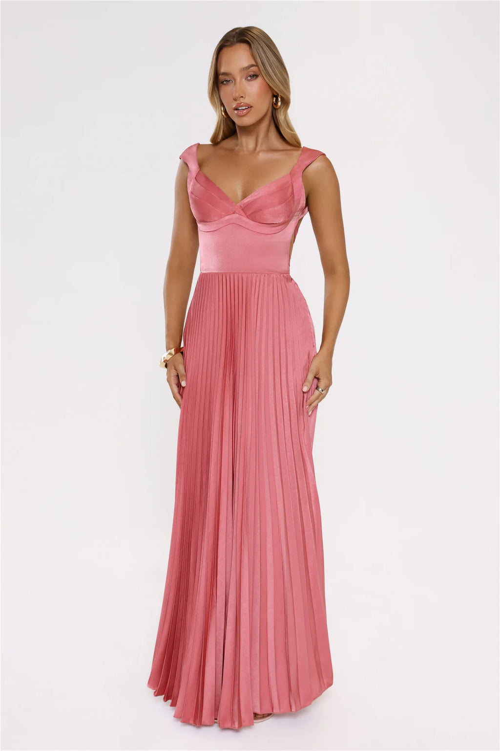 Satin Glow Pleated Maxi Dress Rose