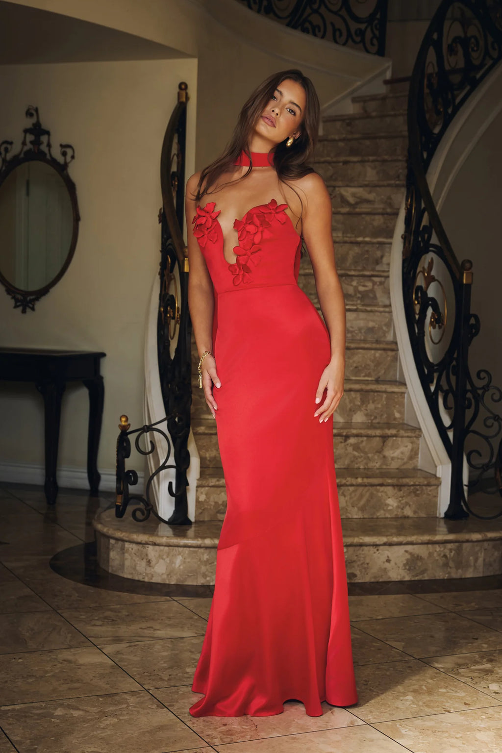 Wild Blossom Dance Strapless Satin Maxi Dress Red