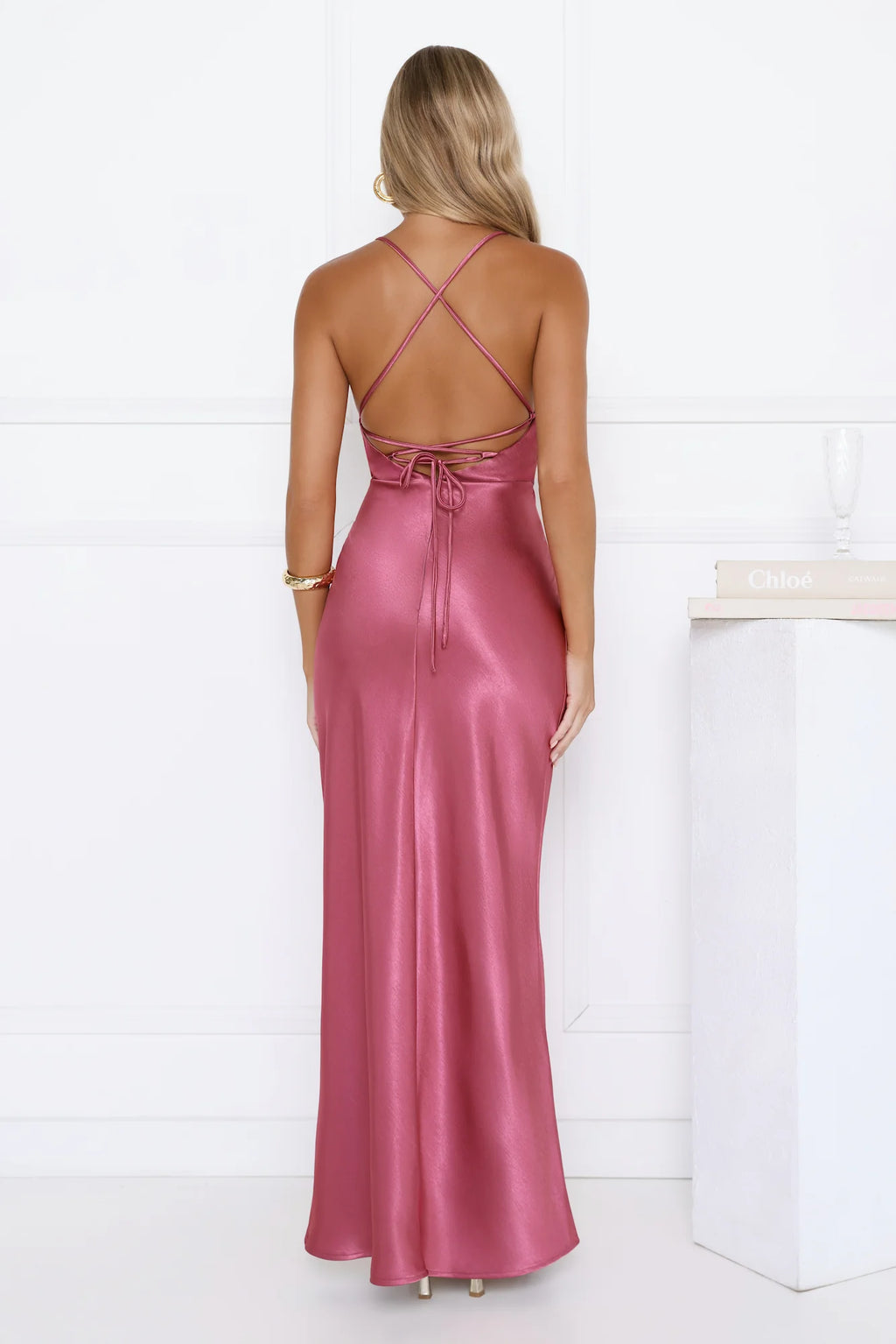 Satin Lace Twist Front Crisscross Maxi Dress Berry
