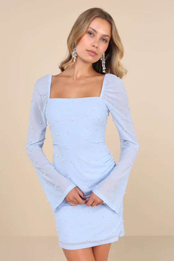 Flirty Luxury Light Pink Mesh Pearl Long Sleeve Mini Dress