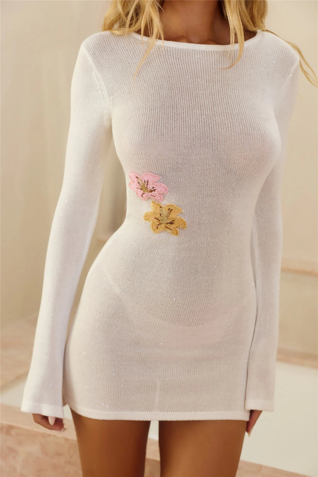 Sun-Kissed Evenings Knit Long Sleeve Mini Dress White