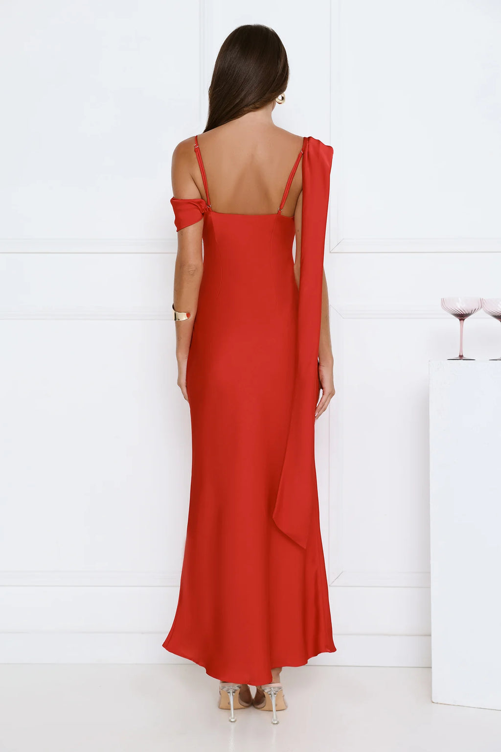 Whispered Flame Satin Maxi Dress Red