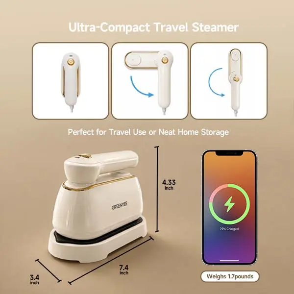 GREENYEE 2-in-1 Garment Steamer & Iron, 5s Fast Heat-Up, 120V Input, Ceramic Sole, Large Iron Plate, 1-Touch Operation, Powerful Steam, Foldable Handle, Compact Form Portable Steamer for Home & Travel,sohochic