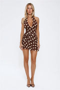 Social Glow Halter Polka Dot Mini Dress Brown
