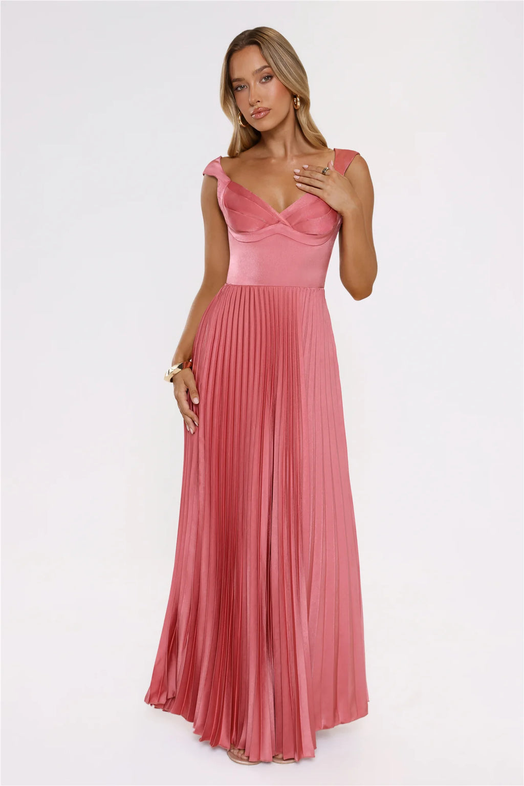 Satin Glow Pleated Maxi Dress Rose