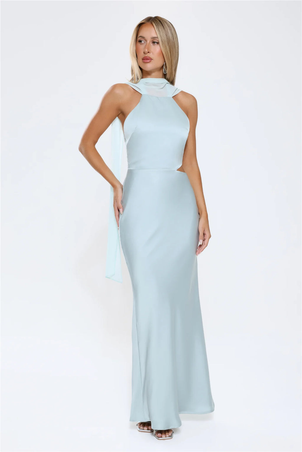 Luxe Obsession Halter Satin Maxi Dress Seafoam