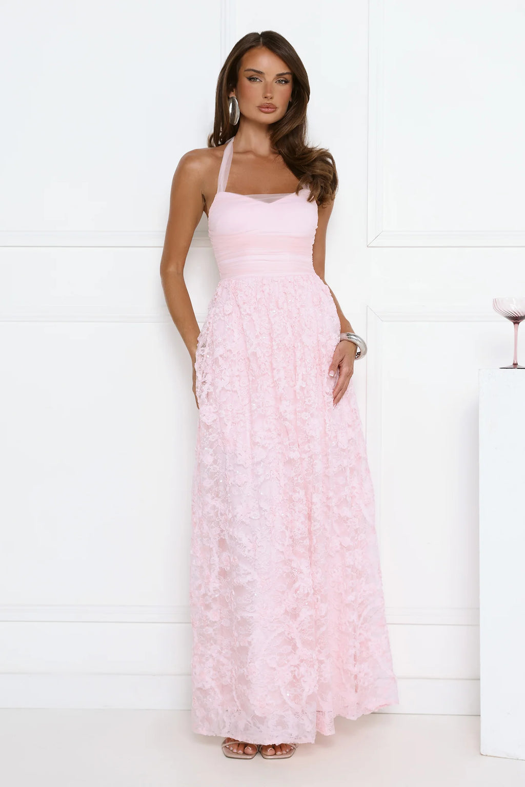 Magnetic Luxe Halter Maxi Dress Pink