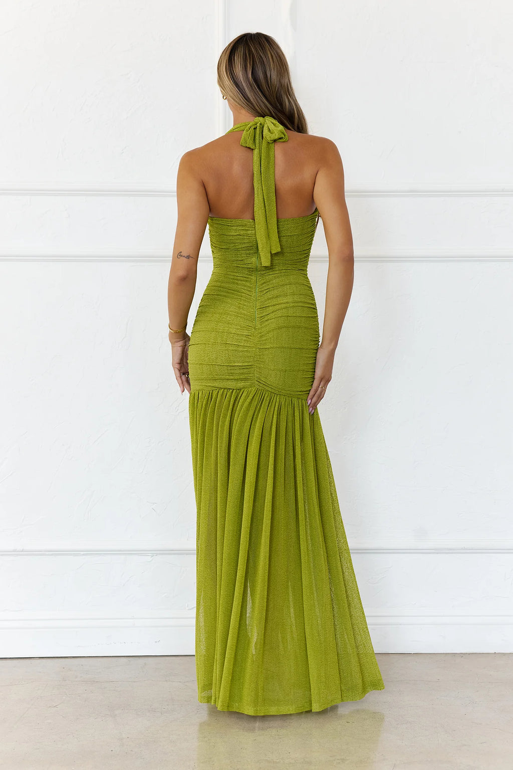 Evelyn Luxe Mesh Halter Maxi Dress Olive