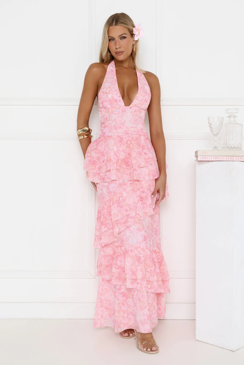 Tropical Bloom Halter Tiered Maxi Dress Pink