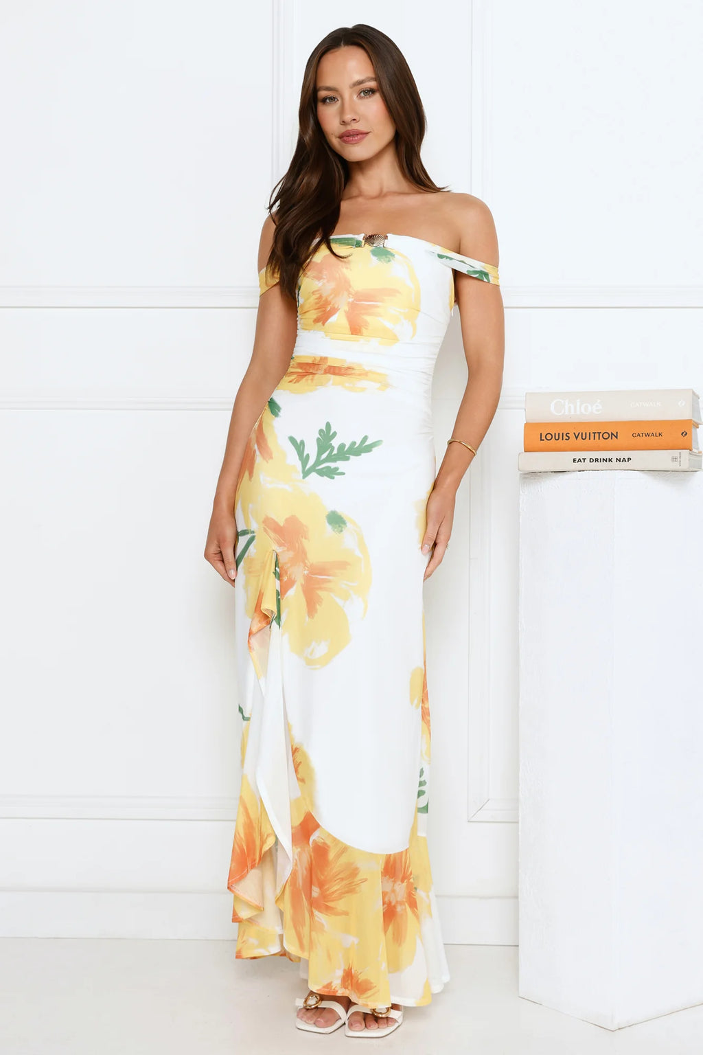 Crown Affair Off Shoulder Mesh Maxi Dress White