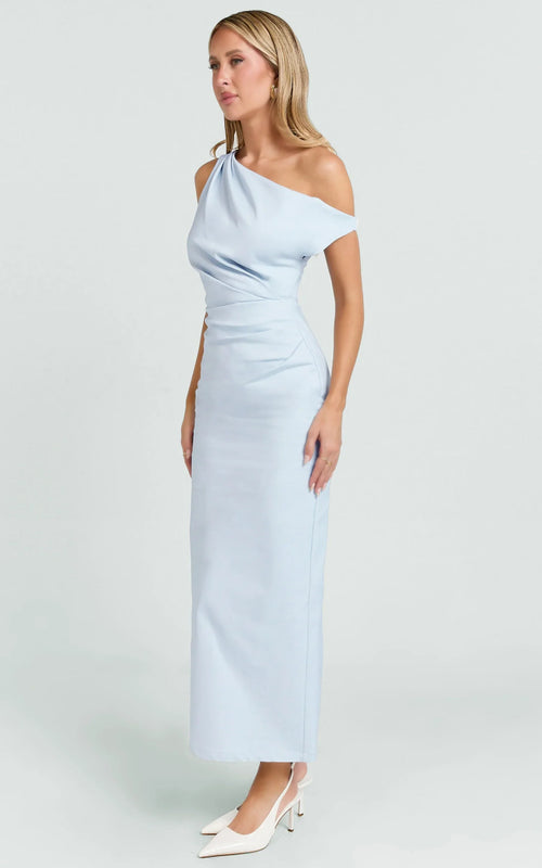 Alexandria Midi Dress - Tip Shoulder Draped Fitted Dress in Blue