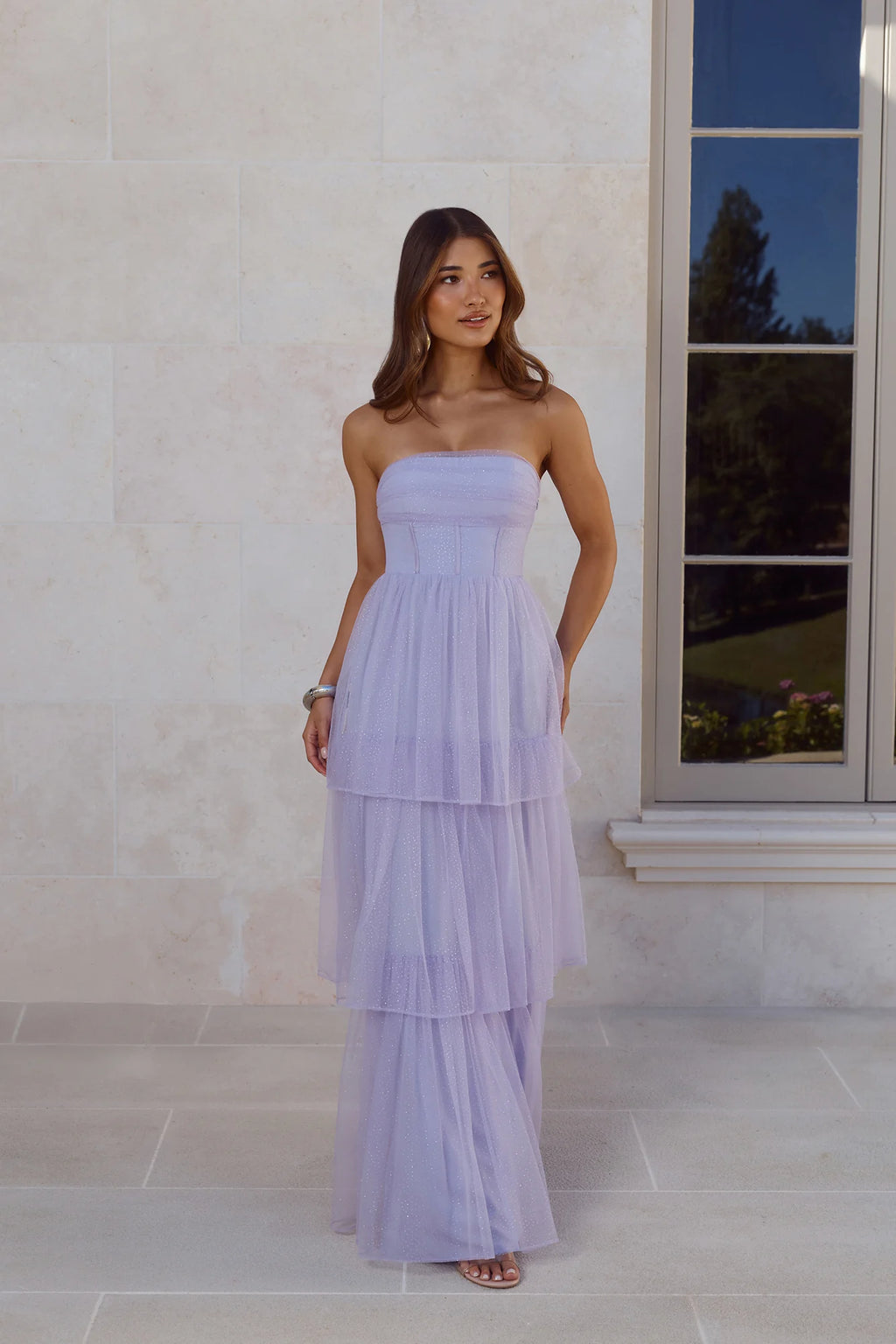 Premiere Glam Strapless Tulle Maxi Dress Lilac