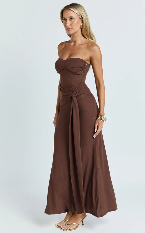 Aria Maxi Dress - Strapless Tie Waist Dress in Chocolate