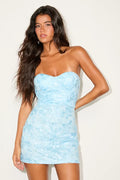 Taron Light Blue Embroidered Strapless Bustier Mini Dress