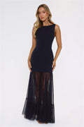 Sultry Mesh Tie Back Cutout Maxi Dress Navy