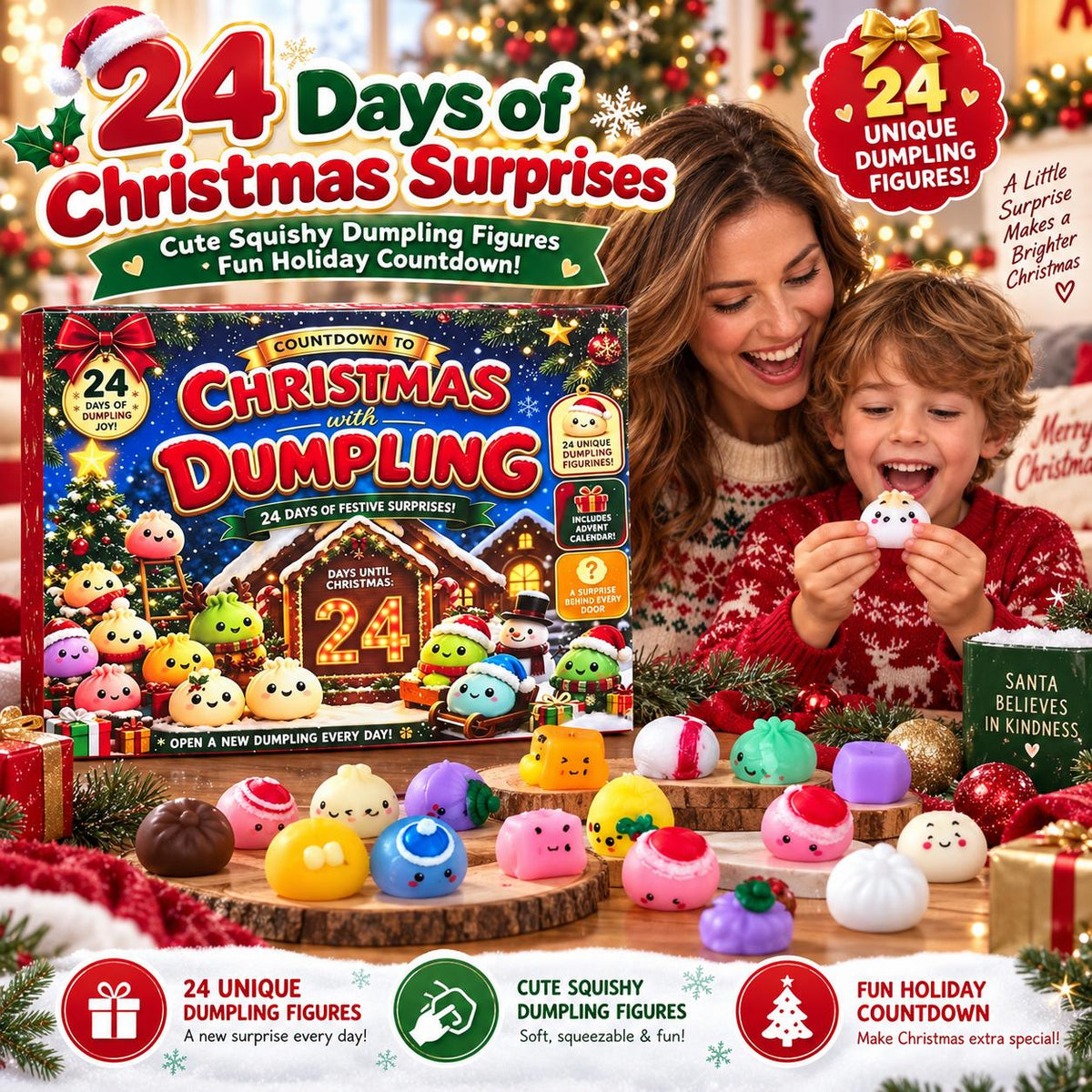 2026 Dumpling Squishy Advent Calendar - Indoor Recreation Stress Relief Toy, 24 Surprise Kawaii Mini Food Squishy Figures, Cute Christmas Countdown Holiday Gift