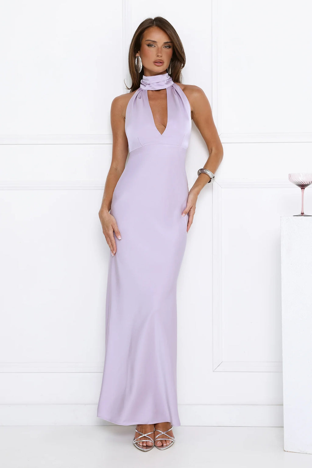 Summer Flame Kiss Halter Satin Maxi Dress Lilac