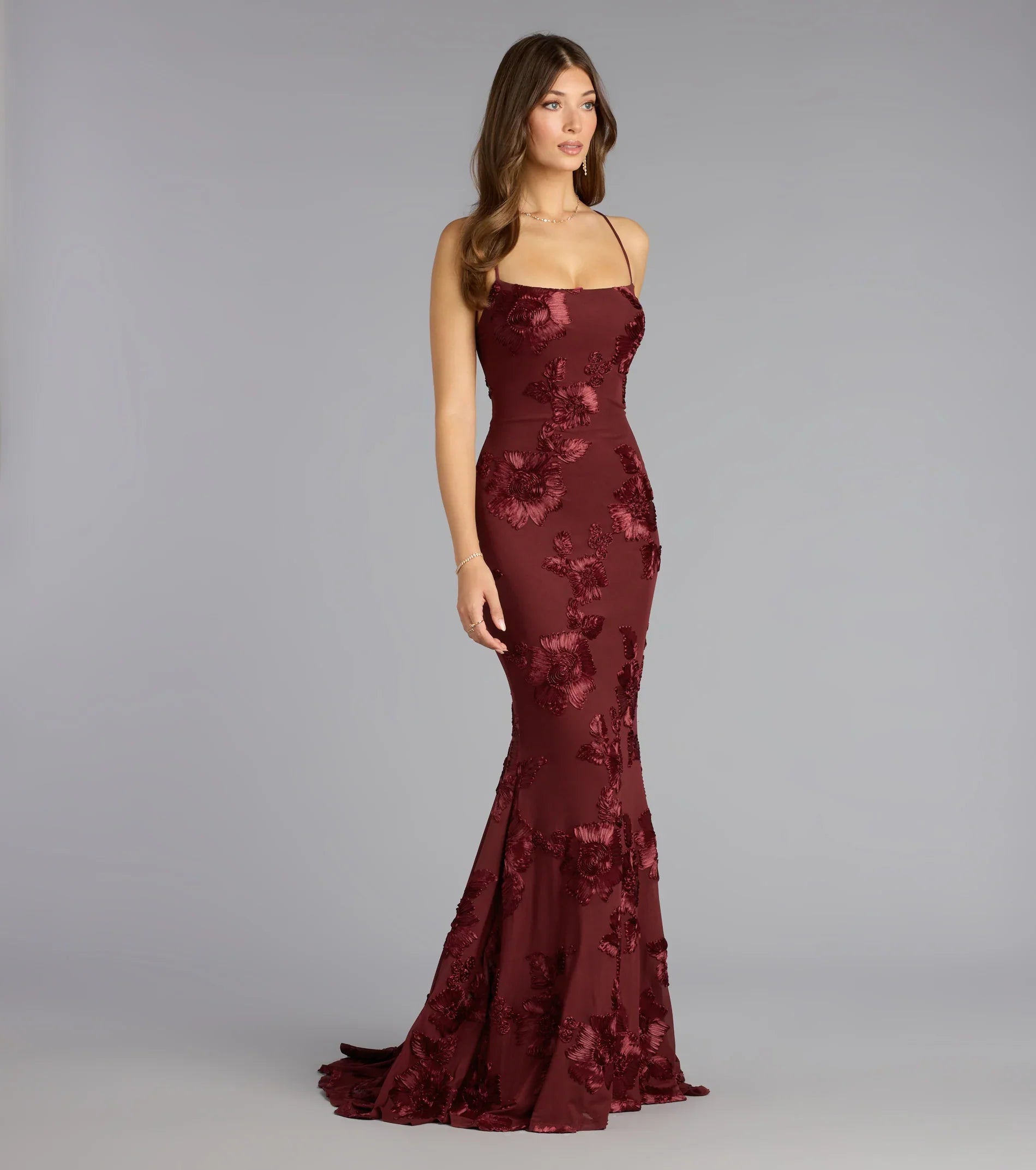 Gabi Lace-Up Floral Trim Mermaid Formal Dress