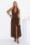 Whispered Promises Halter Mesh Maxi Dress Brown